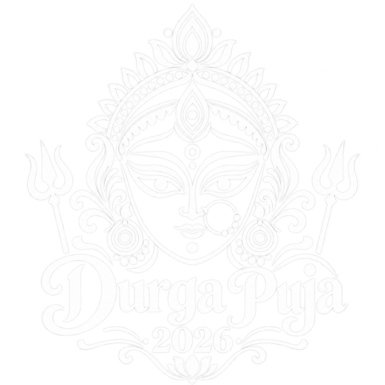 Abstract Festive Artwork of Ma Durga with Ten Arms, Third Eye, and Traditional Bengali Sholapith Mukut
