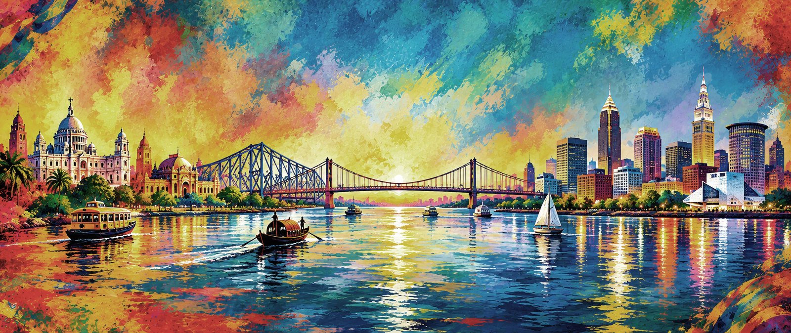 Panoramic Skyline Illustration Uniting Kolkata and Cleveland with a Divine Celestial Bridge